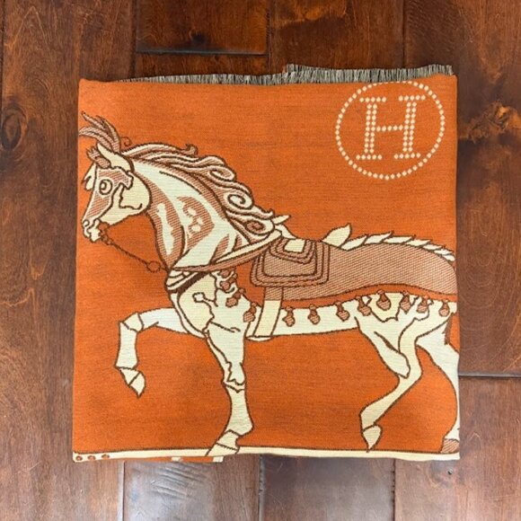 Reversible Equestrian Print Shawl Wrap – Orange & Cream, Soft Warm Cape - Picture 9 of 9